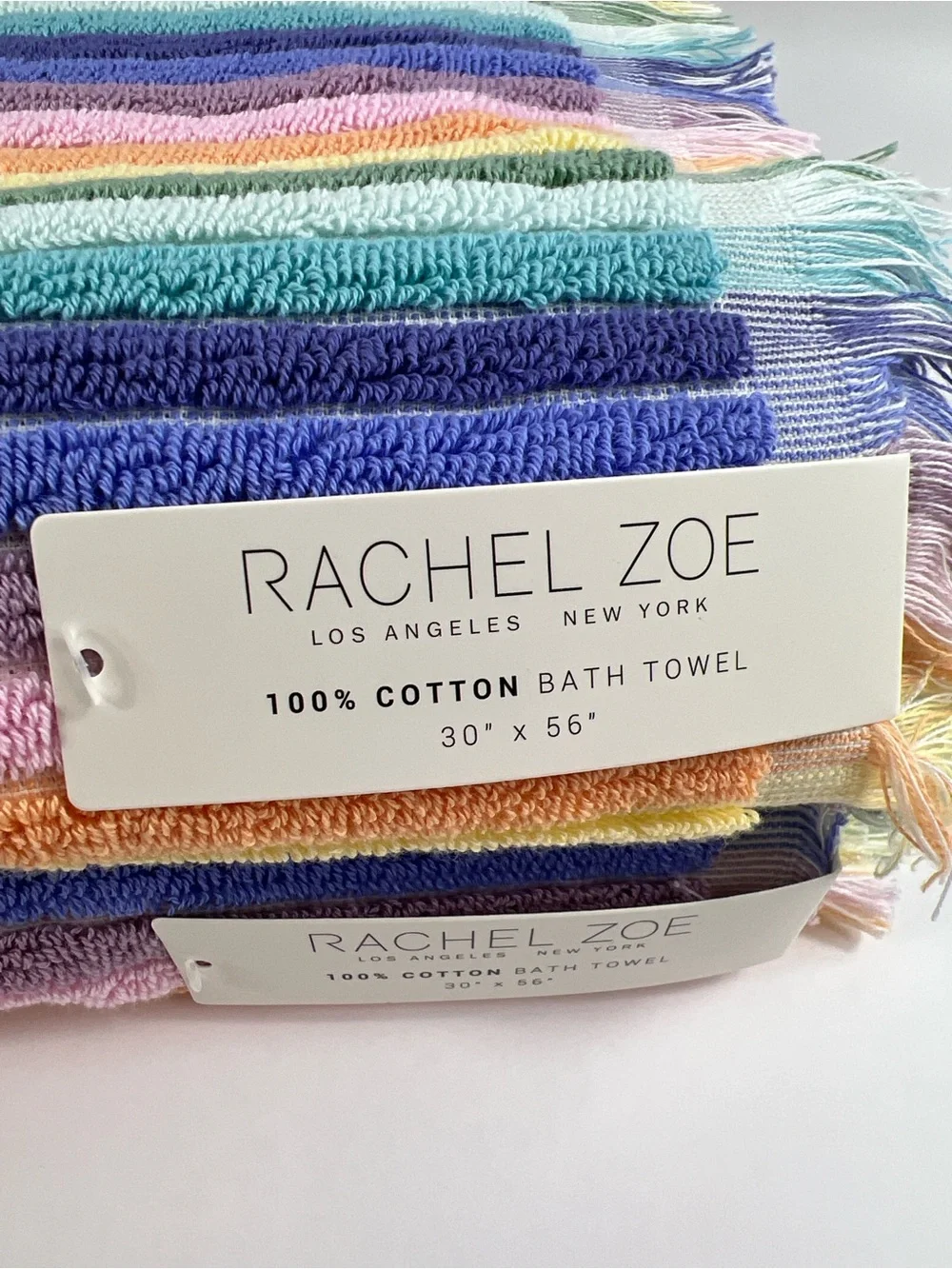 Rachel Zoe Bath Towels Rainbow Pastel Striped with Fringe Cotton Set of 2 NEW